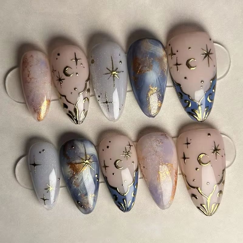 Nail Art Glitter - 24 Buah Set Kuku Almond Pendek