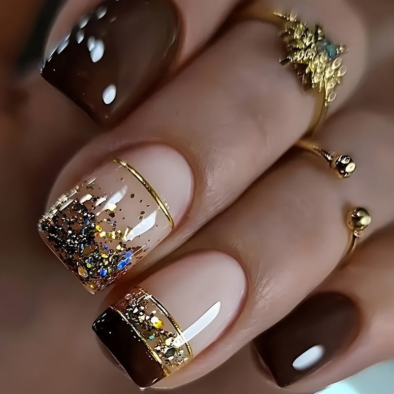 Nail Art Glitter - Kuku palsu pendek persegi untuk wanita,