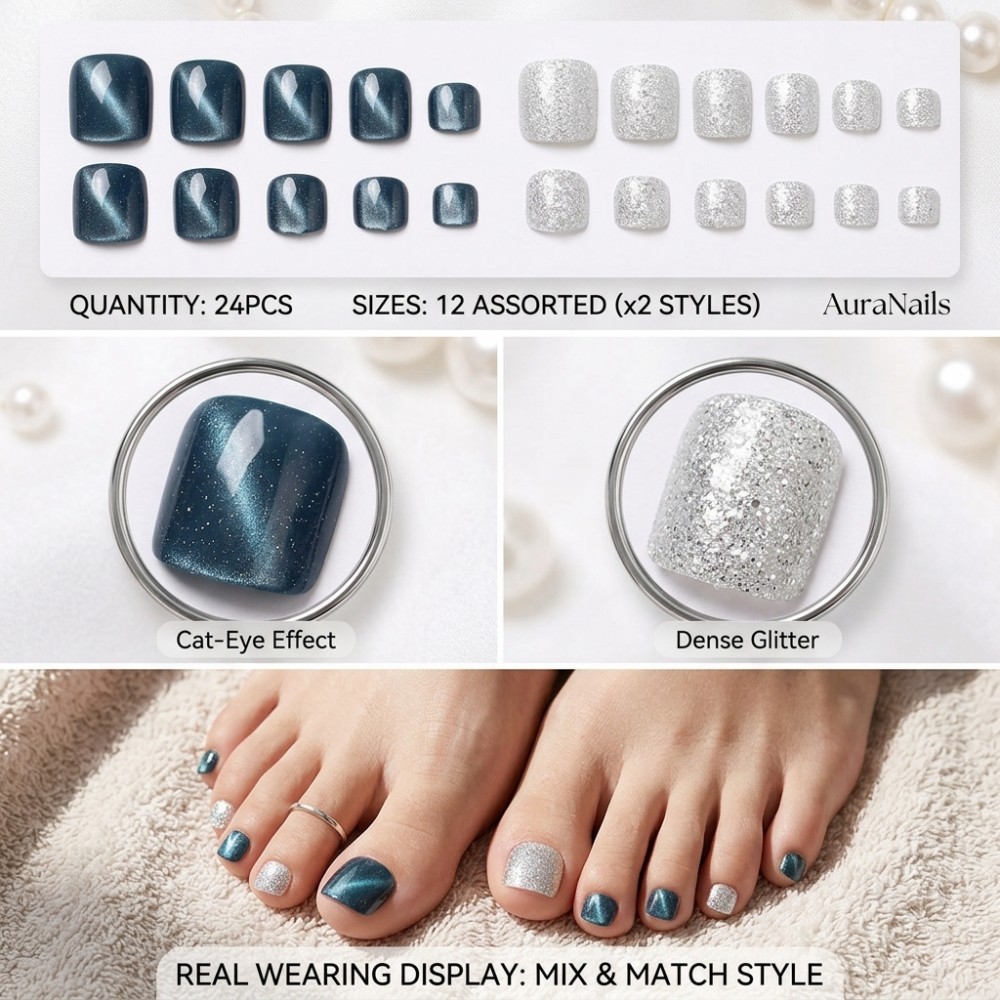 24PCS Kuku Kaki Palsu Warna Bi - Nail Art Glitter ulasan dan harga